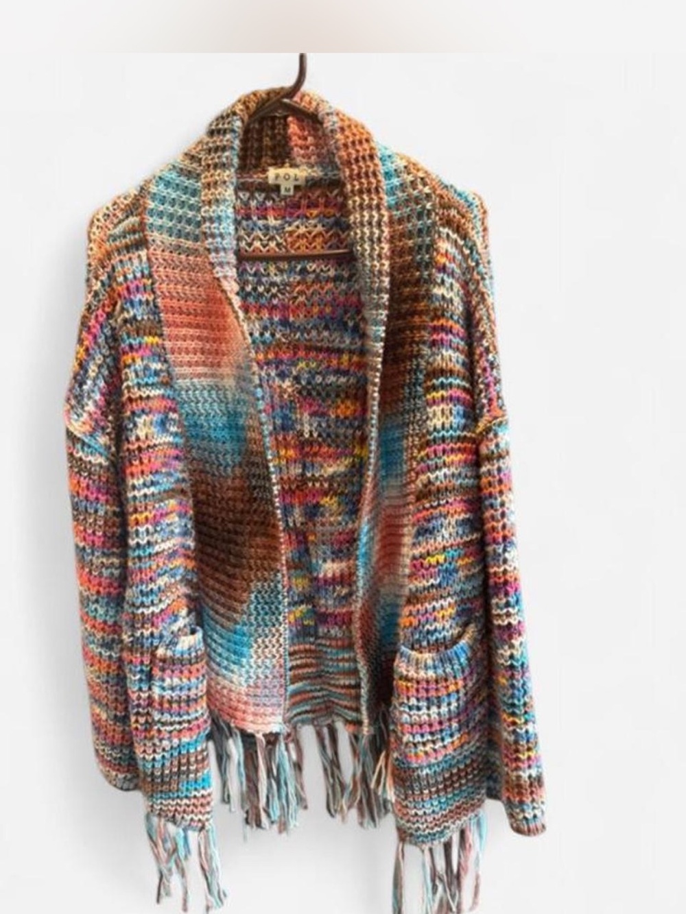 POL Multicolor Fringe Open-Front Knit Cardigan Sweater